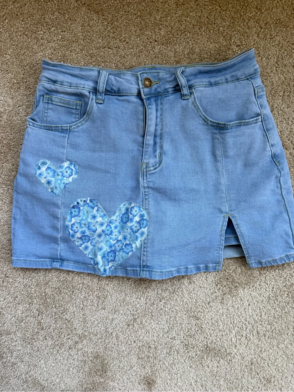 Blue Floral Heart Denim Mini Skirt - Casual‎ Women's Skirt